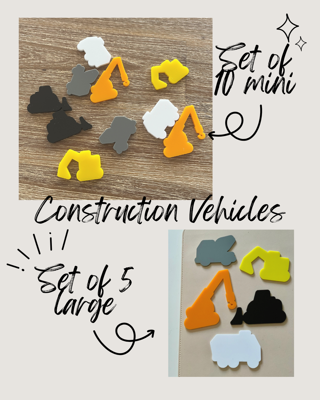 Multiple colorful construction vehicle shapes in yellow, orange, black, gray, and white displayed on wooden and light surfaces, Little Dry Erasables - Construction Vehicles - Set of 5 Large or 10 Mini, handcrafted, homeschool, education resources.