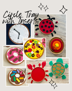 Seven handcrafted wooden circle trays with colorful dry erase inserts shaped like a ladybug, crab, turtle, layered target, pizza, and donuts arranged on a wooden surface, Large Circle Tray with Dry Erase Inserts / Basic Shape Plate, homeschool, education resources.