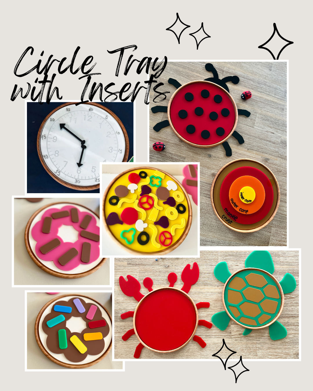 Seven handcrafted wooden circle trays with colorful dry erase inserts shaped like a ladybug, crab, turtle, layered target, pizza, and donuts arranged on a wooden surface, Large Circle Tray with Dry Erase Inserts / Basic Shape Plate, homeschool, education resources.