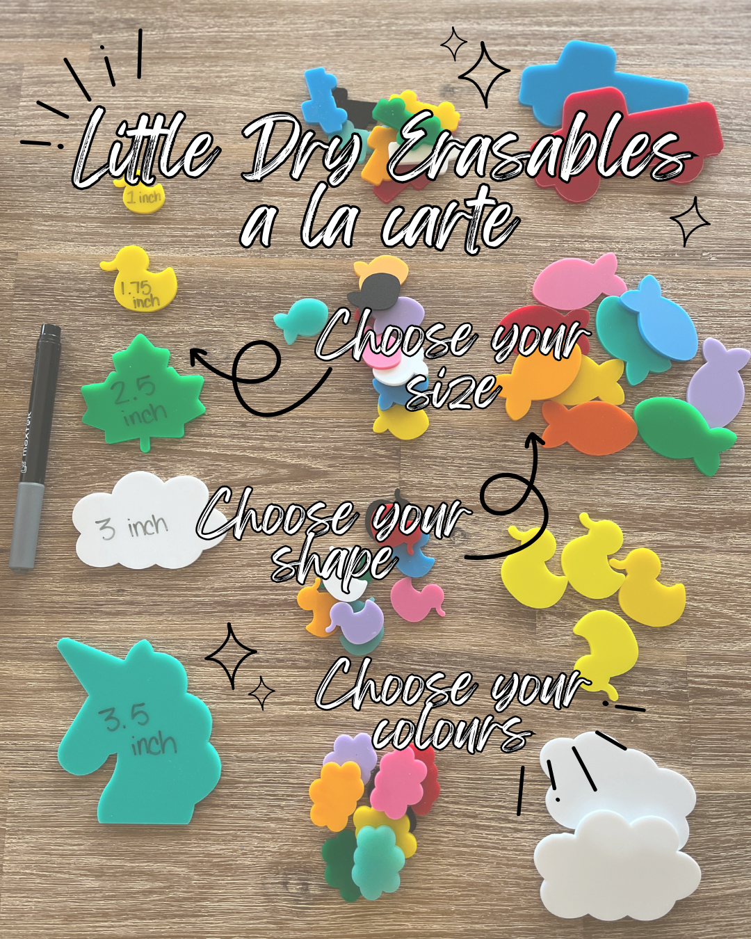 Little Dry Erasables a la Carte - Set of 10 featuring colorful dry erase shapes in various sizes including animals and vehicles, handcrafted, homeschool, educational resources.
