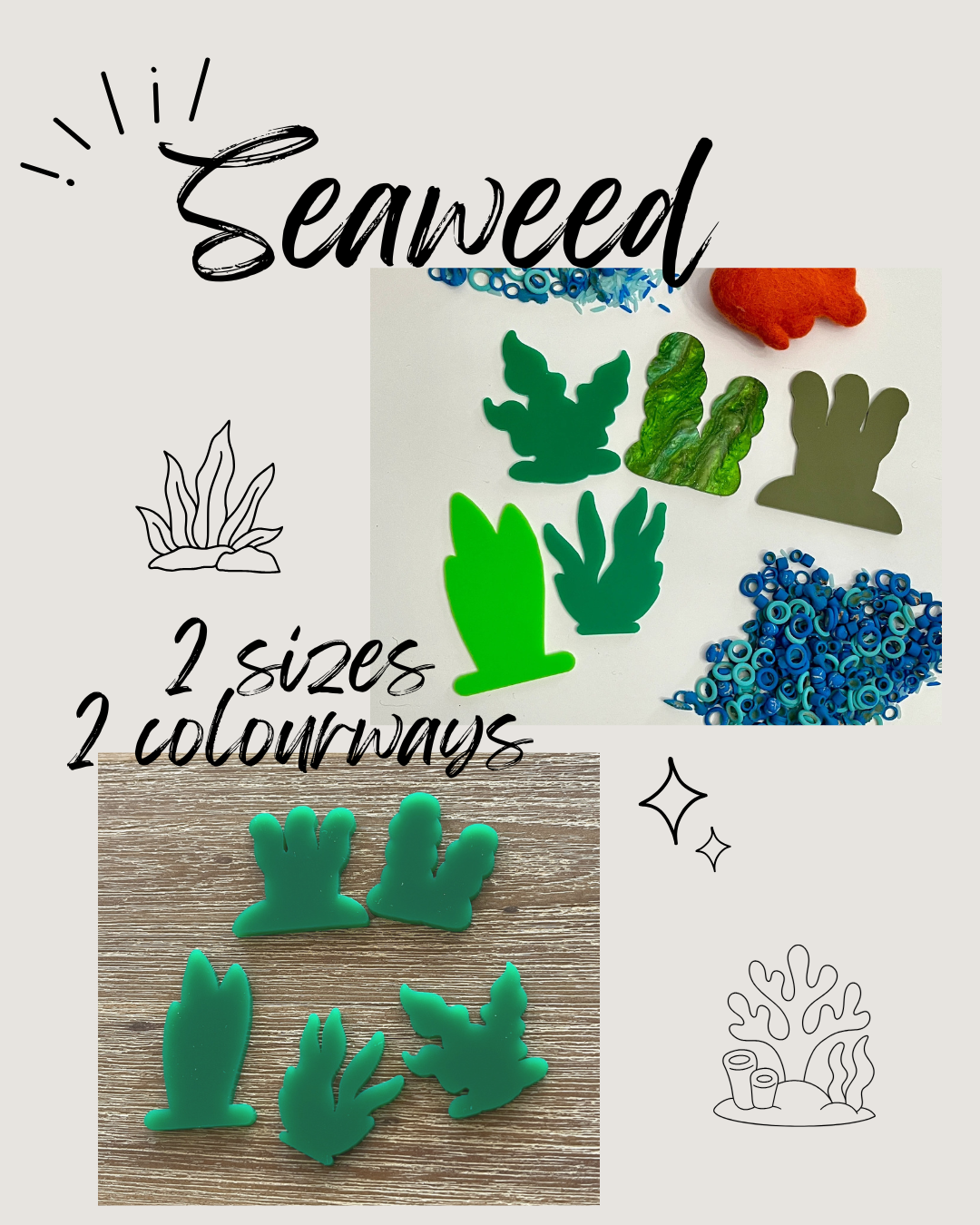 Five handcrafted seaweed shapes in two sizes and two green color variations arranged on wooden and white surfaces, Little Dry Erasables - Seaweed - Set of 5, homeschool, educational resources.