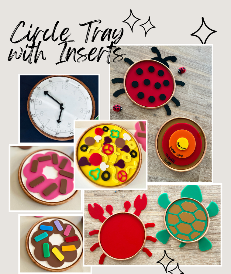 Collage of handcrafted round wooden trays with colorful inserts including a ladybug, crab, turtle, layered sound zones, and playful shapes resembling donuts and pizza, designed for sensory and fine motor skill activities.