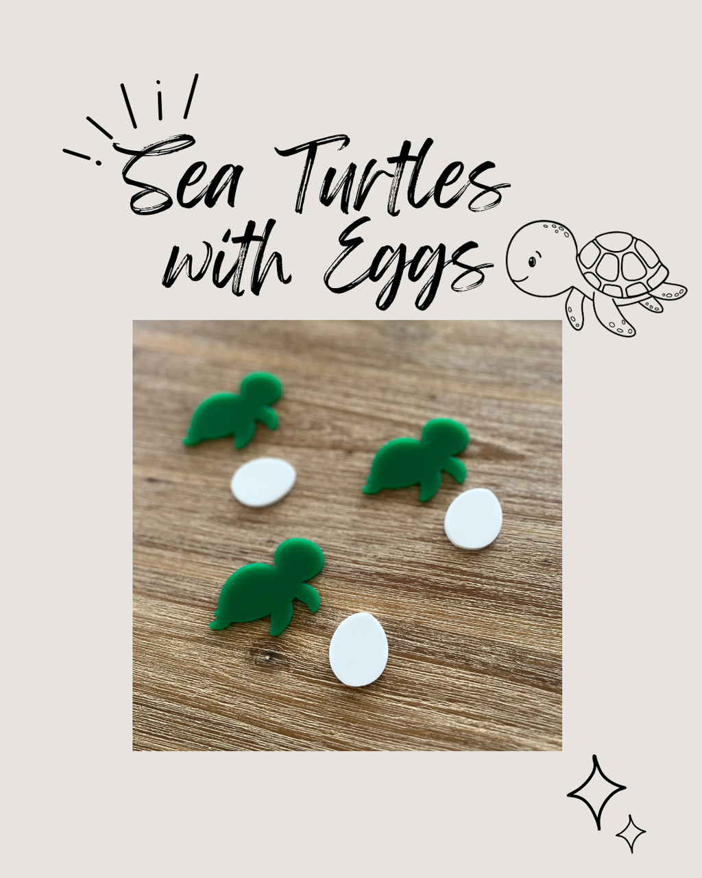 Three small green sea turtle shapes paired with three white oval egg shapes arranged on a wooden surface, Little Dry Erasables - Sea Turtles with Eggs, handcrafted, homeschool, education resources.