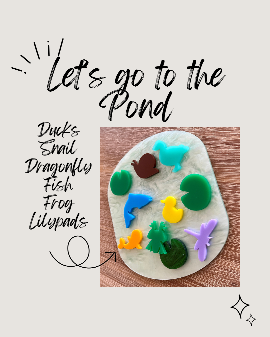 Assorted colorful pond-themed shapes including ducks, snail, dragonfly, fish, frog, and lilypads arranged on a pearlescent base, Little Dry Erasables - Let's go to the Pond, handcrafted, homeschool, education resources.
