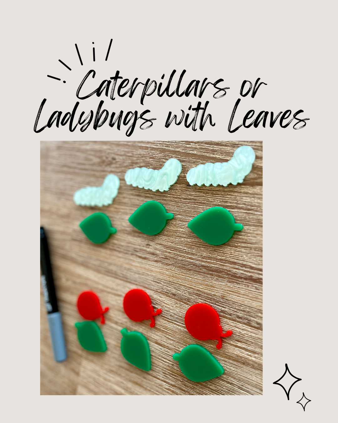 Transparent green caterpillar shapes paired with solid green leaves and bright red ladybugs on a wooden surface, Little Dry Erasables - Caterpillars or Ladybugs with Leaves, handcrafted, homeschool, education resources.