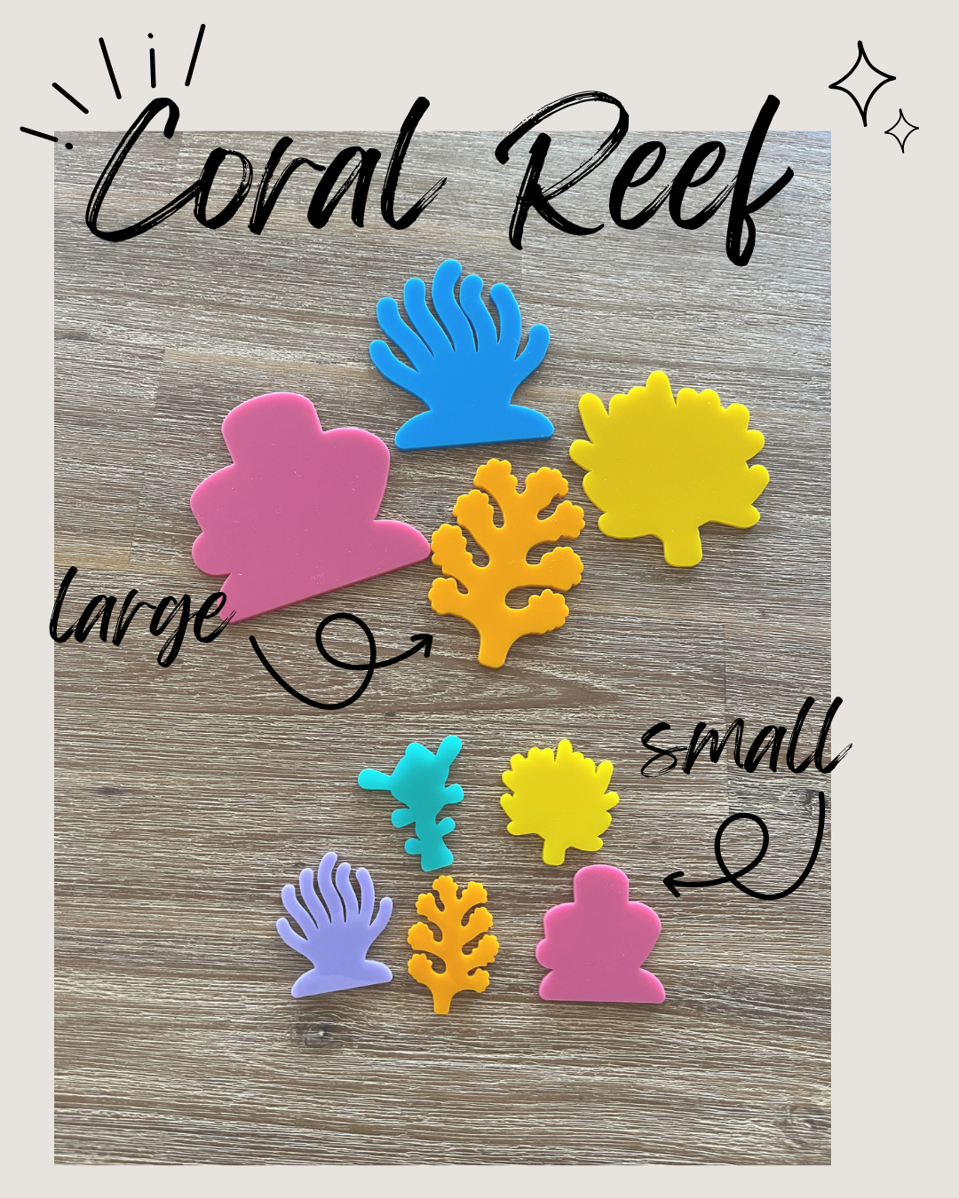 Eight colorful coral-shaped pieces in blue, yellow, orange, pink, purple, and teal arranged on a wooden surface, Little Dry Erasables - Coral Reef - Set of 5, handcrafted, homeschool, education resources.
