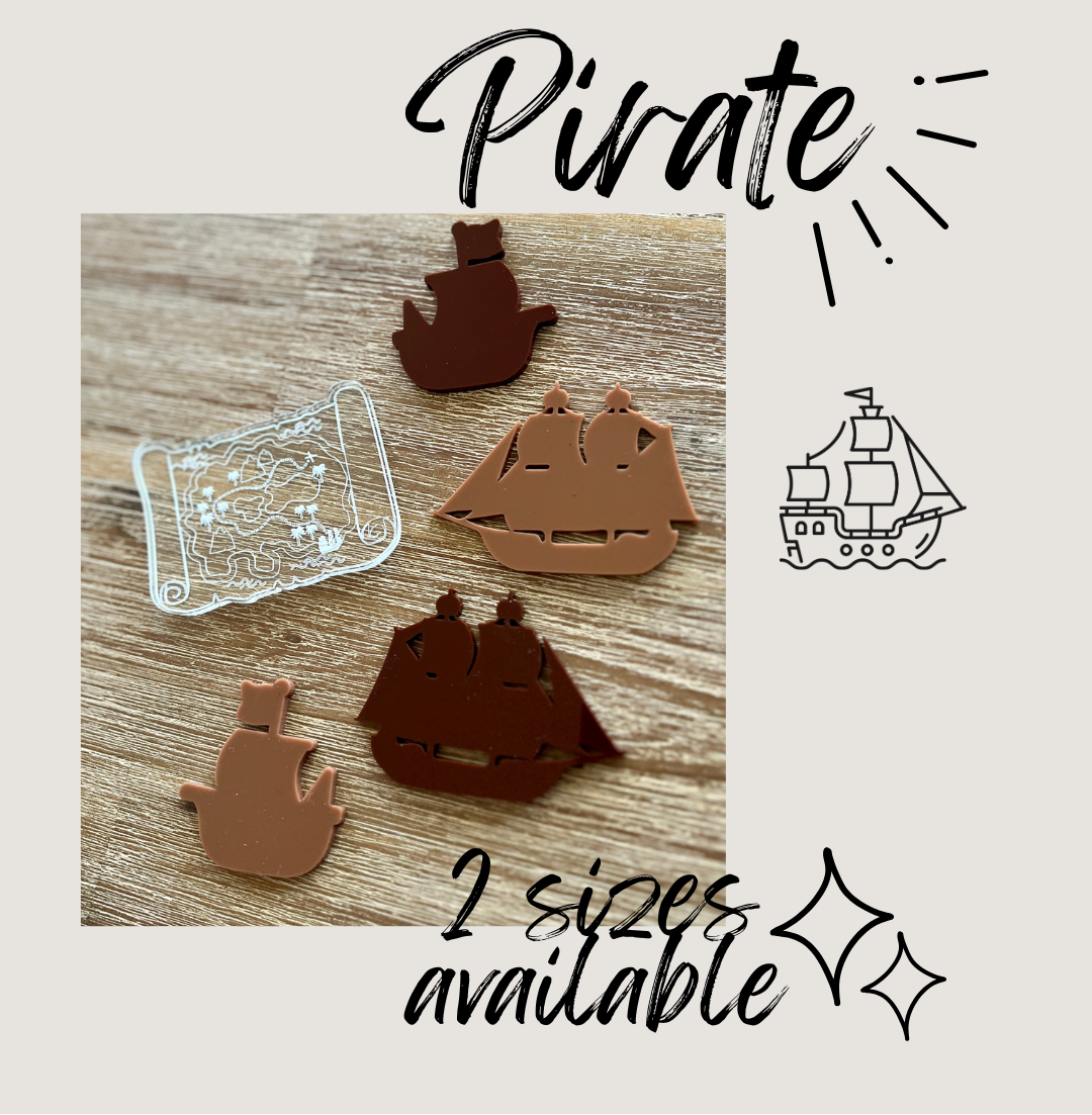Set of handcrafted pirate ship shapes in two sizes and a translucent treasure map on a wooden surface, Little Dry Erasables - Pirate Ships, homeschool, education resources.