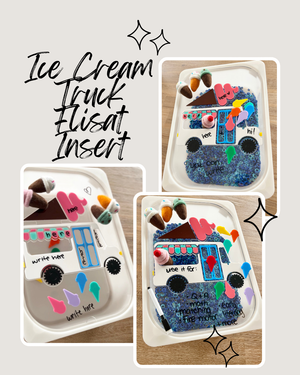 Dry Erasable Ice Cream Truck Flisat Table Bin Lid featuring colorful wood and felt ice cream shapes with writable surfaces, designed for sensory play, handcrafted, homeschool, educational resources.