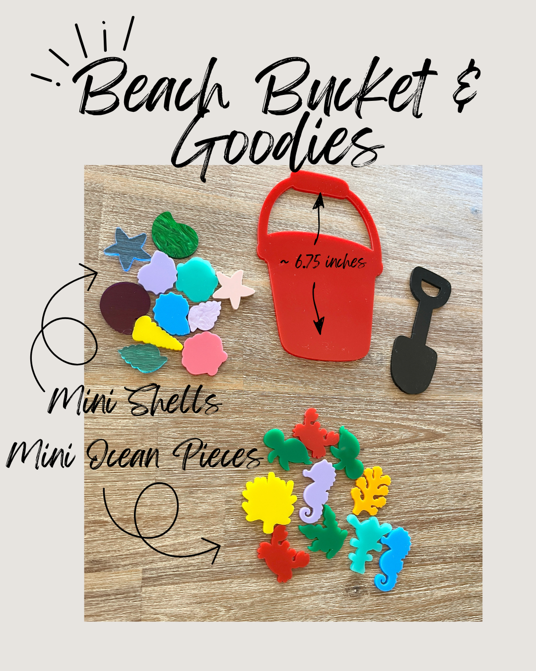 Set of colorful mini seashells and ocean-shaped pieces alongside small red bucket and black shovel, Little Dry Erasables - Beach Bucket, Shovel, Seashells & Ocean Pieces, handcrafted, homeschool, education resources.