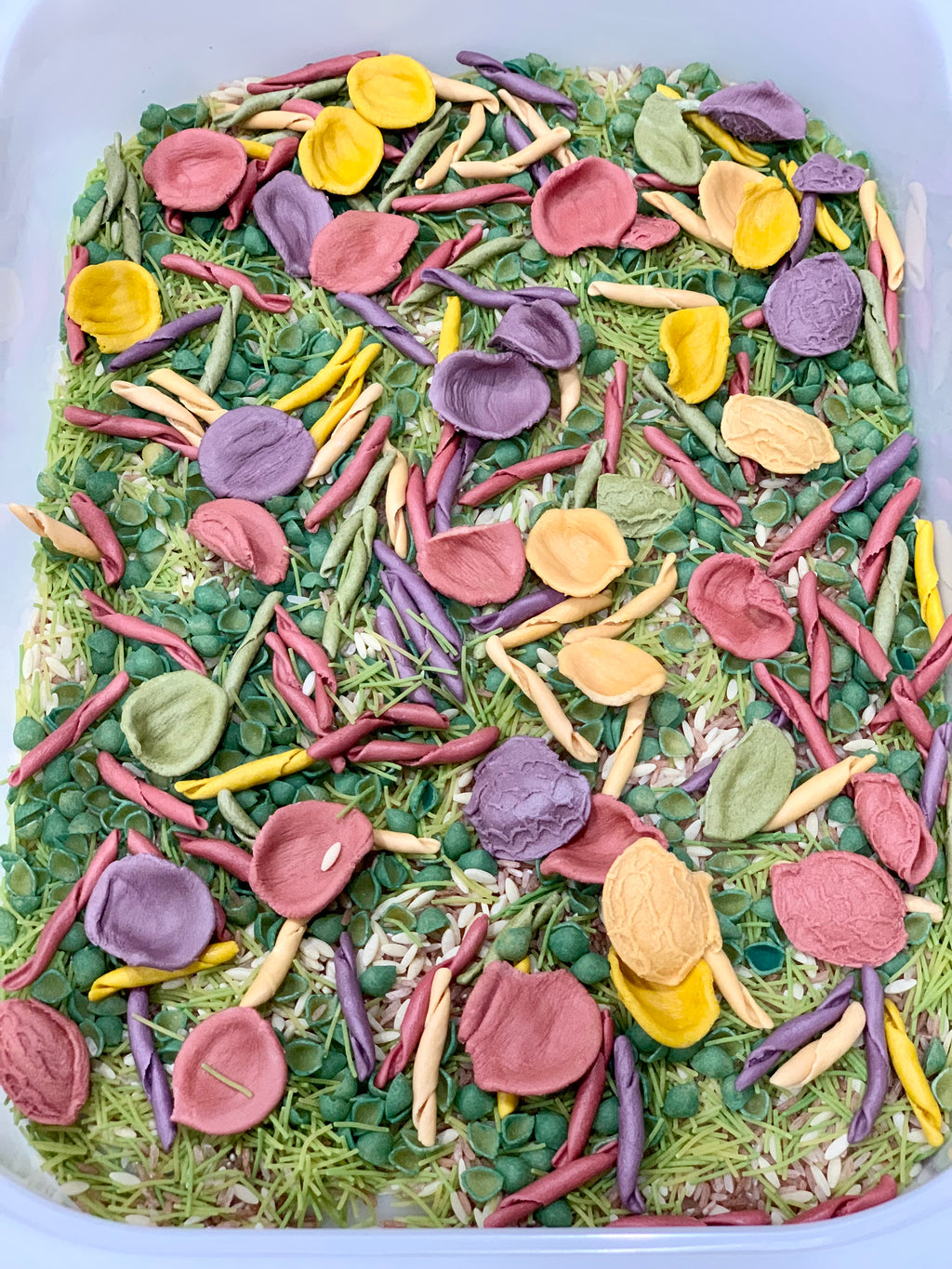 Assorted colorful dried pasta shapes and green split peas mixed with rice and herbs in a white container