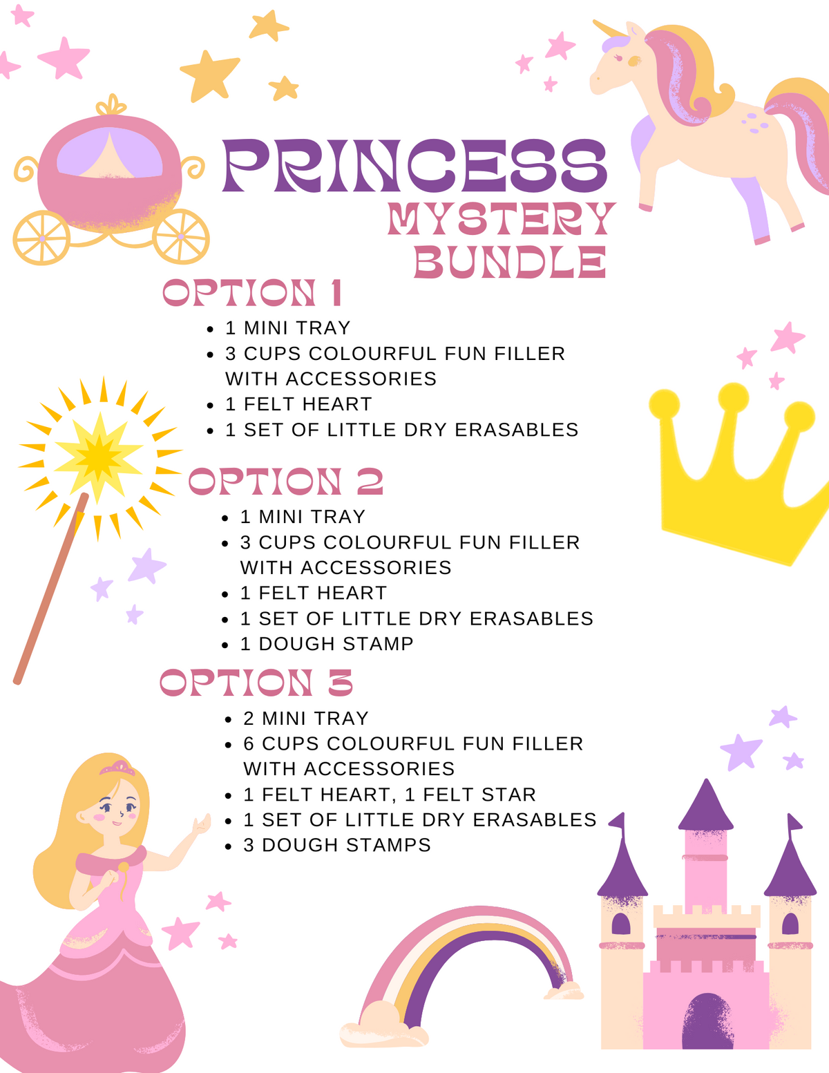 Colorful princess-themed graphic with unicorn, castle, crown, wand, rainbow, carriage, and text detailing mystery bundle options.