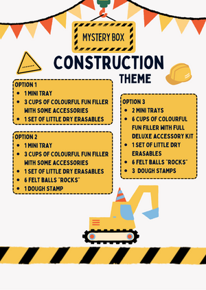 Yellow and black striped caution tape borders with construction flags and a cartoon excavator on white background with text boxes describing three construction-themed mystery box options