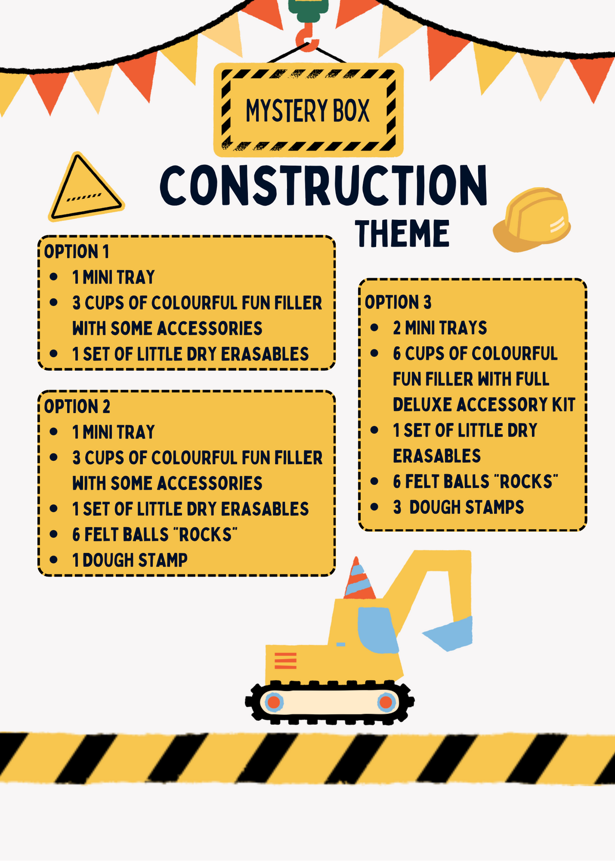 Yellow and black striped caution tape borders with construction flags and a cartoon excavator on white background with text boxes describing three construction-themed mystery box options