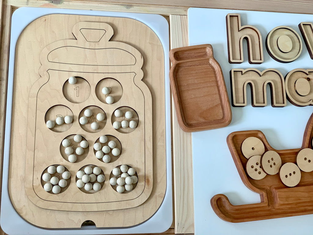 Wooden Flisat cookie jar insert with ten cookies each featuring 1-10 wooden chip counts on light wood tray