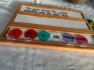 Wooden Sentence & Learning Tray | Open Ended Literacy Board | Math & Play featuring a handcrafted wood tray with colorful word tokens labeled by parts of speech and a dry-erase panel with a handwritten sentence, unique homeschool education resources.