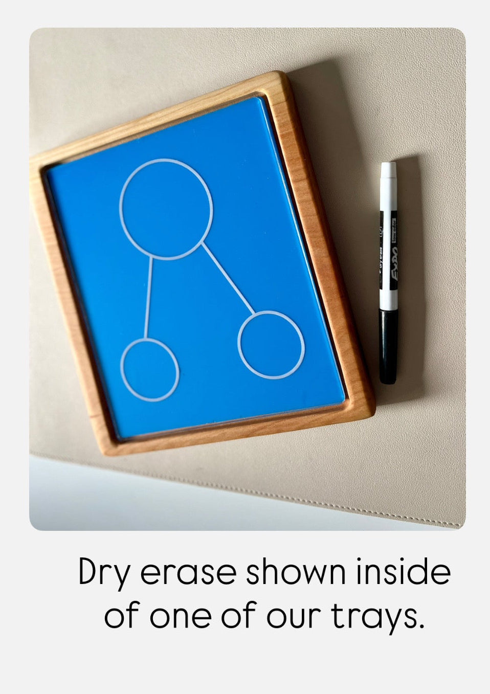Blue dry erase board with three connected circles framed by light wood and a black dry erase marker on beige surface