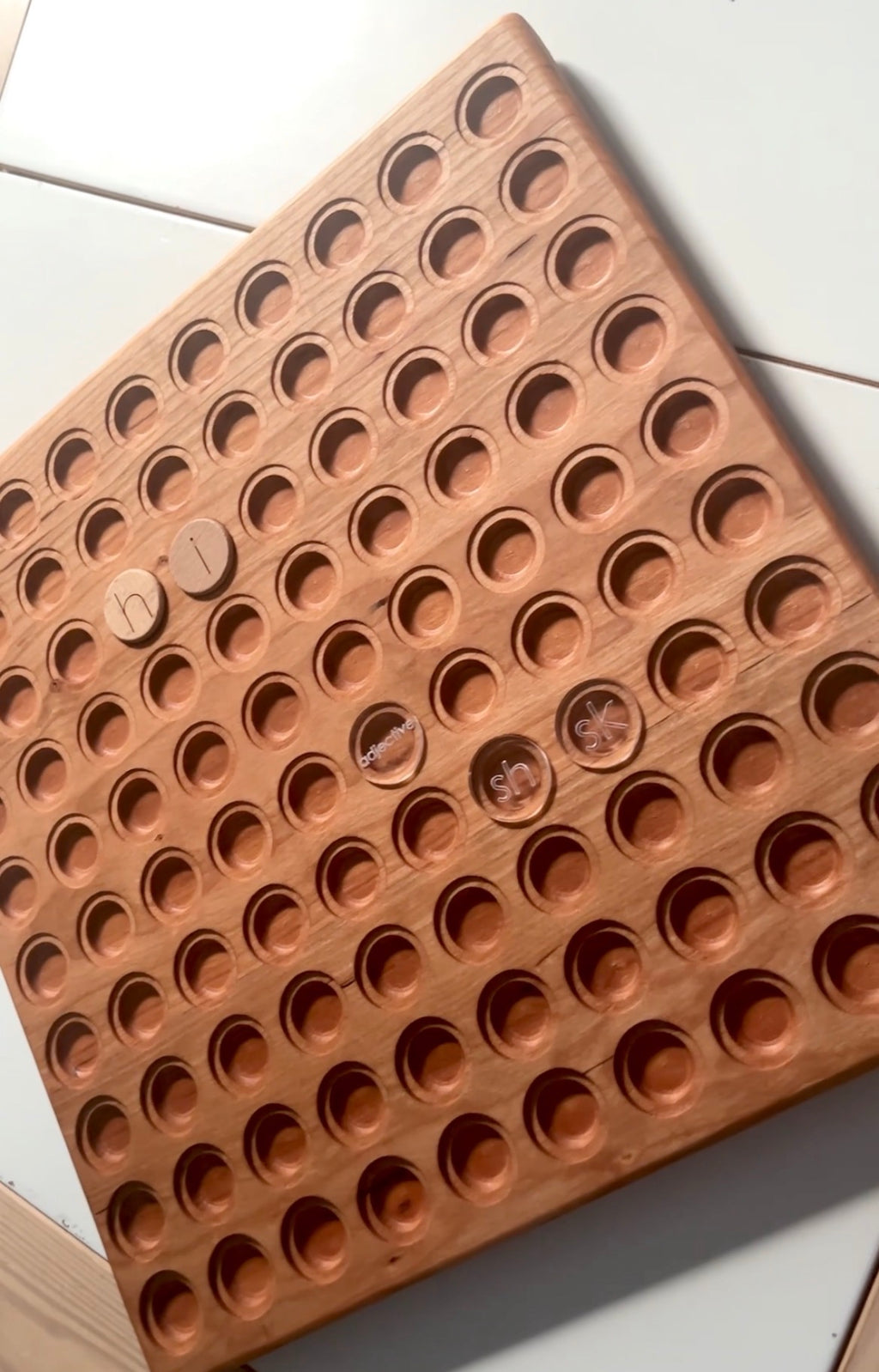 Wooden 100 Hundred Board Tray | Counting & Number Sense Learning Tray | Combos Available showcasing a handcrafted wood tray with circular indentations and letter tokens, unique homeschool educational resources.