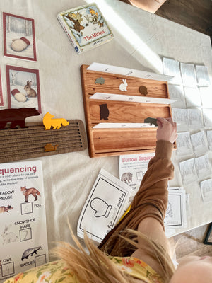 Wooden Sentence & Learning Tray | Open Ended Literacy Board | Math & Play featuring a handcrafted wood tray with animal-shaped counters, sequencing cards, and homeschool educational resources.