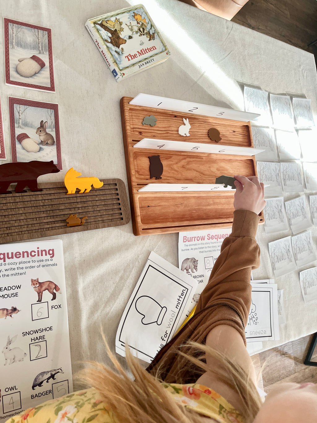 Wooden Sentence & Learning Tray | Open Ended Literacy Board | Math & Play featuring a handcrafted wood tray with animal-shaped counters, sequencing cards, and homeschool educational resources.