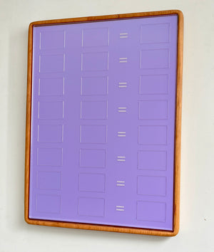 Tall wooden rectangular writing sensory tray holding purple dry erase insert with math equation boxes and equal signs on white background