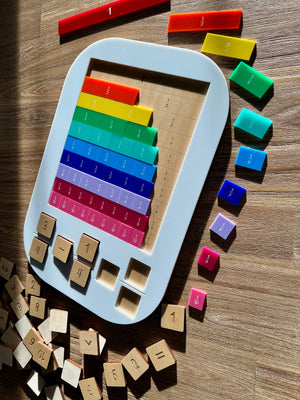 Dry Erasable Fraction Bar Tray | Large Flisat Insert displaying handcrafted colorful wood fraction bars and wooden number tiles arranged on a light wood surface, homeschool education resources.