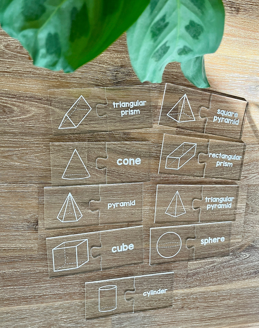 Little Dry Erasables - 2 Part Geometry 3D Shape Puzzles featuring clear interlocking pieces with white geometric shape illustrations paired with names, handcrafted homeschool education resources.