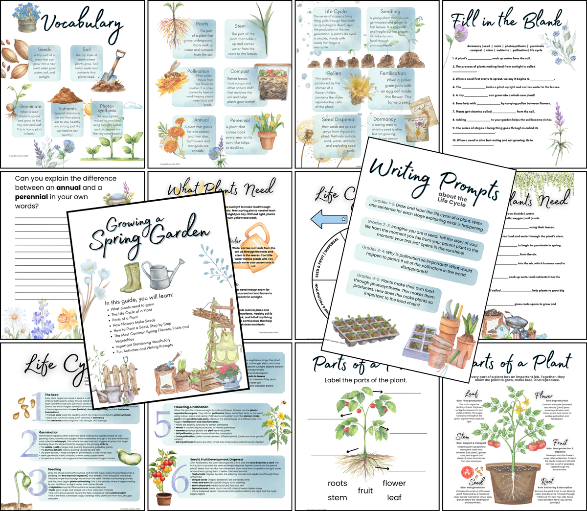 Collection of colorful printable worksheets featuring plant vocabulary, life cycle diagrams, gardening tips, fill-in-the-blank activities, and writing prompts as Digital Download | Spring Gardening Complete Unit Study with handcrafted homeschool education resources.