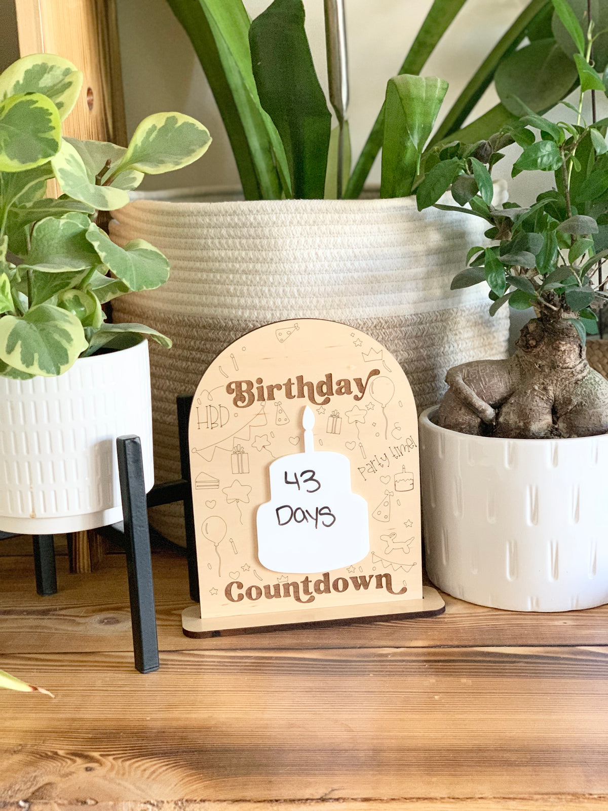 Dry erase birthday countdown sign with handwritten days on white cake shape, surrounded by green houseplants on wooden table
