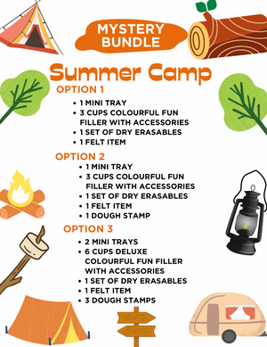 Summer camp mystery bundle options graphic with camping-themed illustrations and item descriptions in orange text
