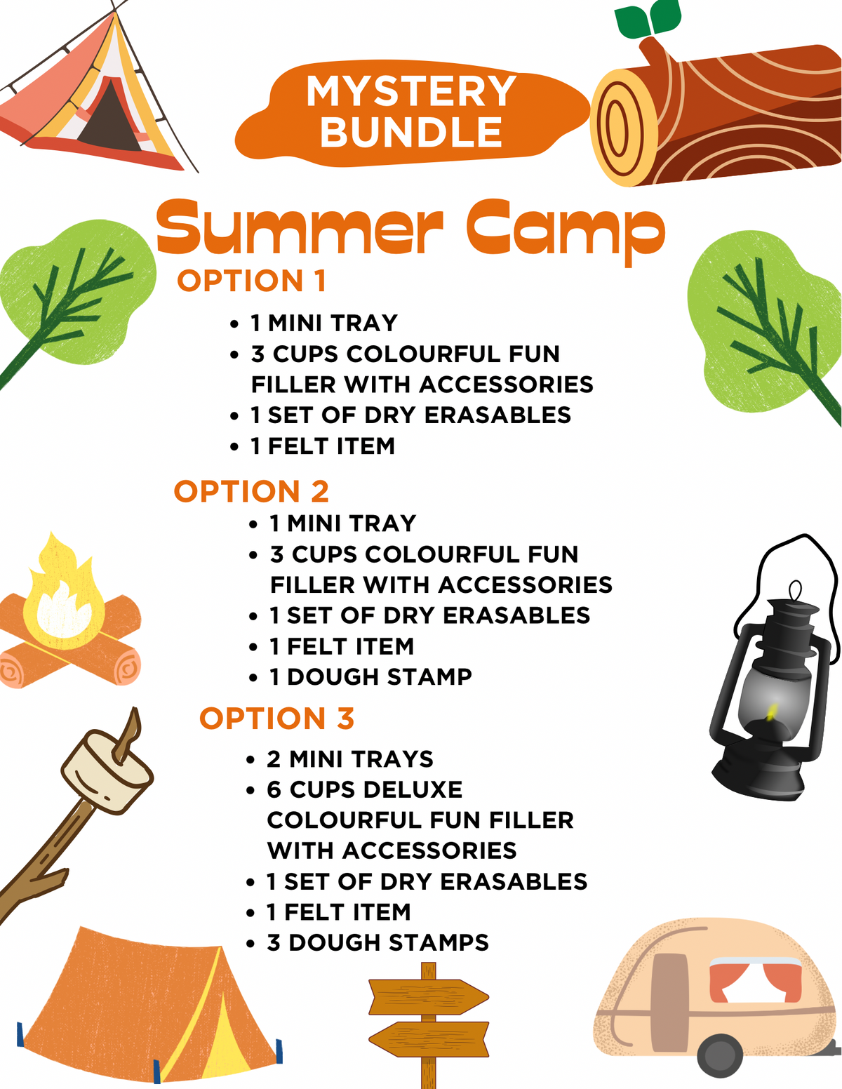 Summer camp mystery bundle options graphic with camping-themed illustrations and item descriptions in orange text