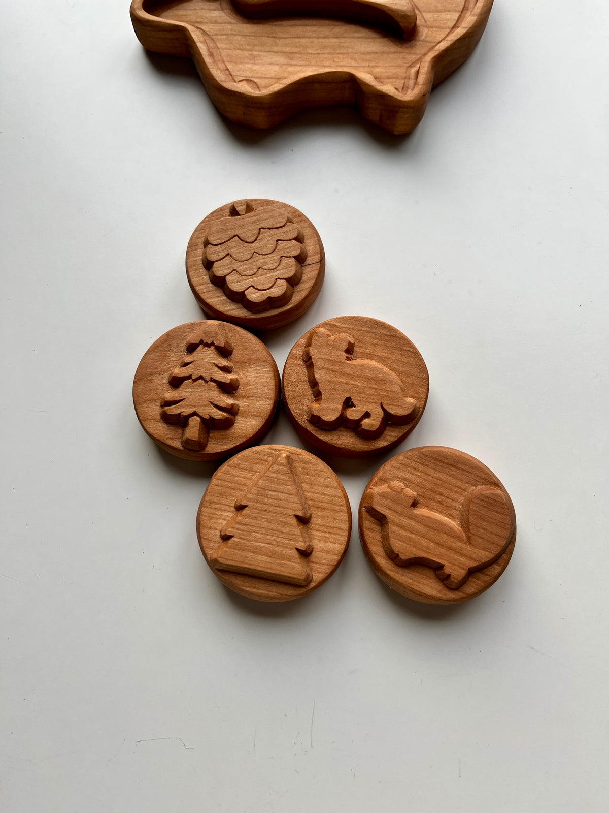 Set of five round wooden tokens engraved with forest-themed shapes on a plain white surface