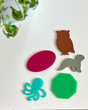 Colorful acrylic shapes including brown owl, gray otter, pink oval, green octagon, and teal octopus on white surface with green plant above