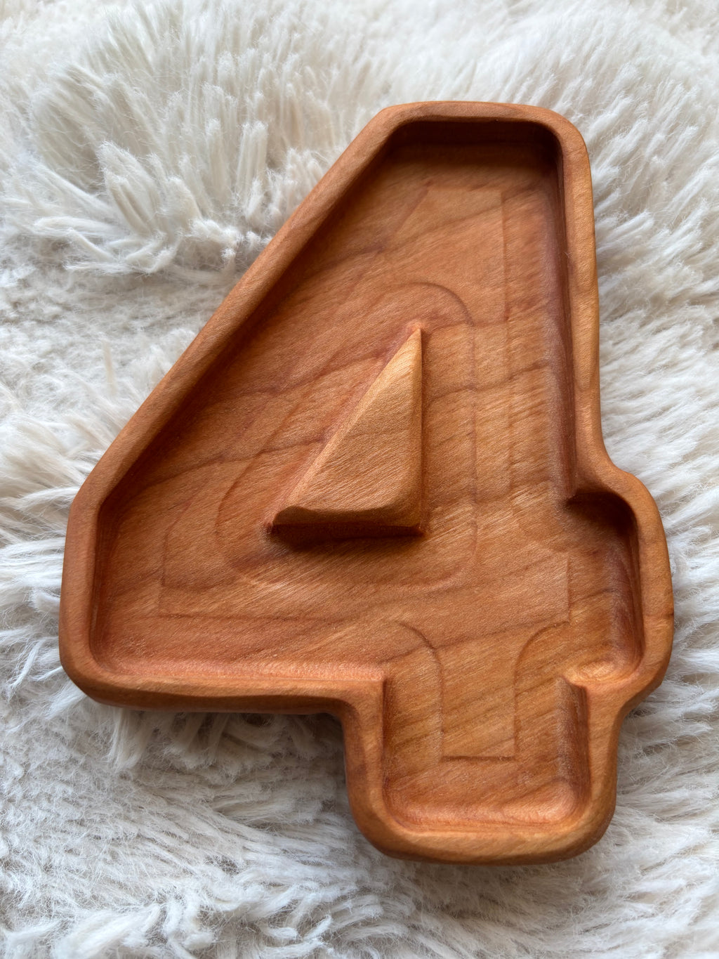 Ready to Ship, Small Number 4 Tray made from smooth natural wood with a raised center detail, handcrafted homeschool educational resources and sensory filler wood tray.