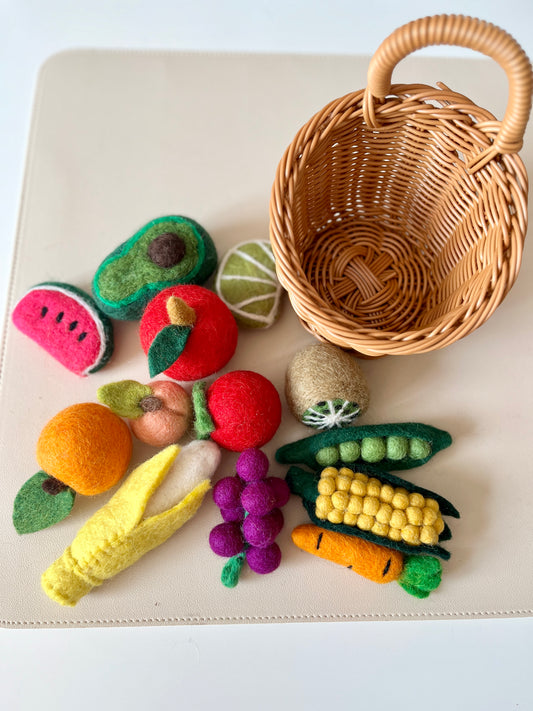 Basket of Felt Fruits and Veggies - 14 Pc Set