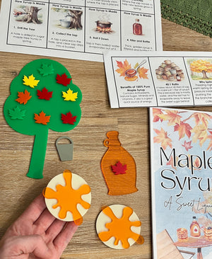 Little Dry Erasables - Pancakes with Maple Syrup, Maple Tree and Leaves featuring a green maple tree with colorful leaf magnets, syrup bottle, bucket, educational pages about syrup making, handcrafted homeschool education resources.