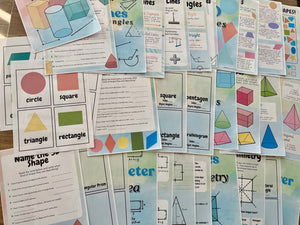 Spread of colorful digital printable worksheets featuring geometric shapes, definitions, and math problems for Digital Download | Math Geometry Unit Study, handcrafted homeschool education resources.