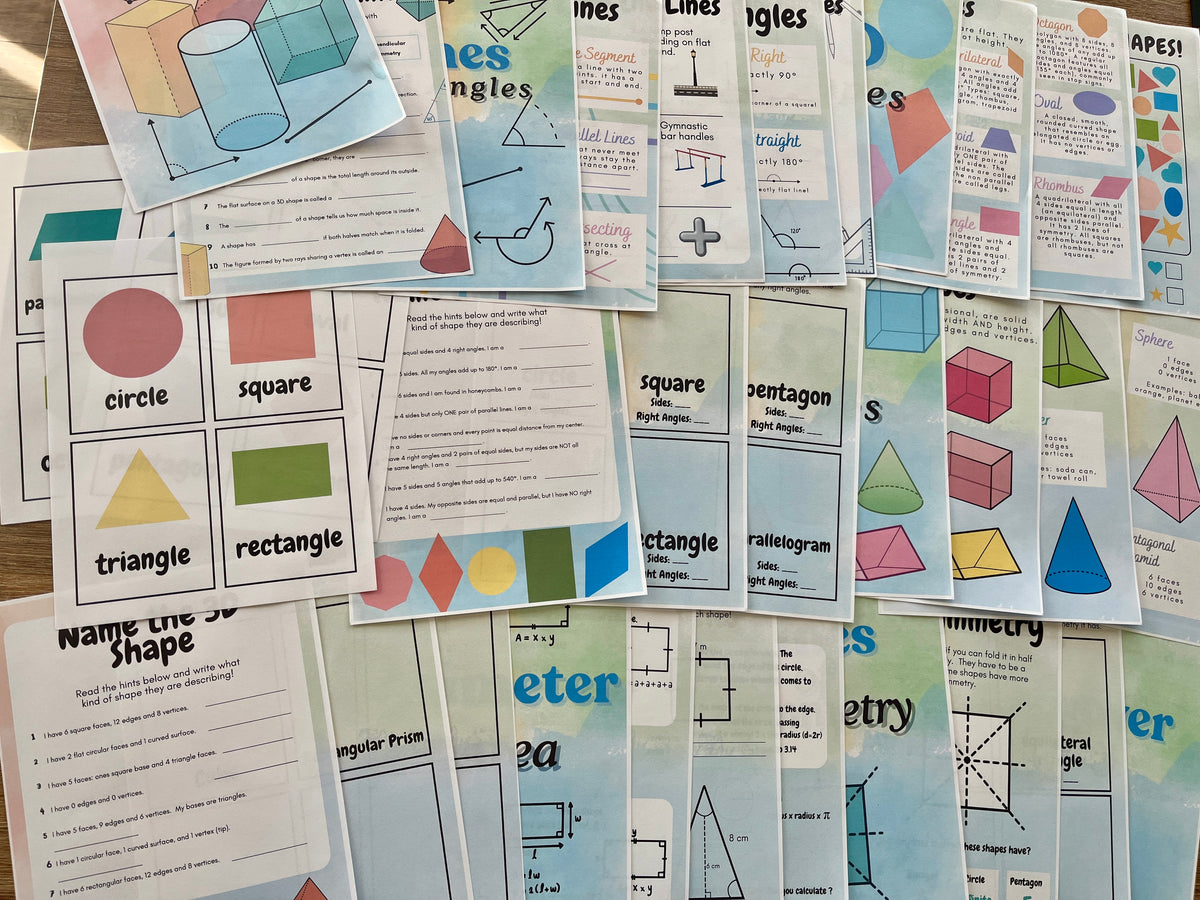 Spread of colorful digital printable worksheets featuring geometric shapes, definitions, and math problems for Digital Download | Math Geometry Unit Study, handcrafted homeschool education resources.