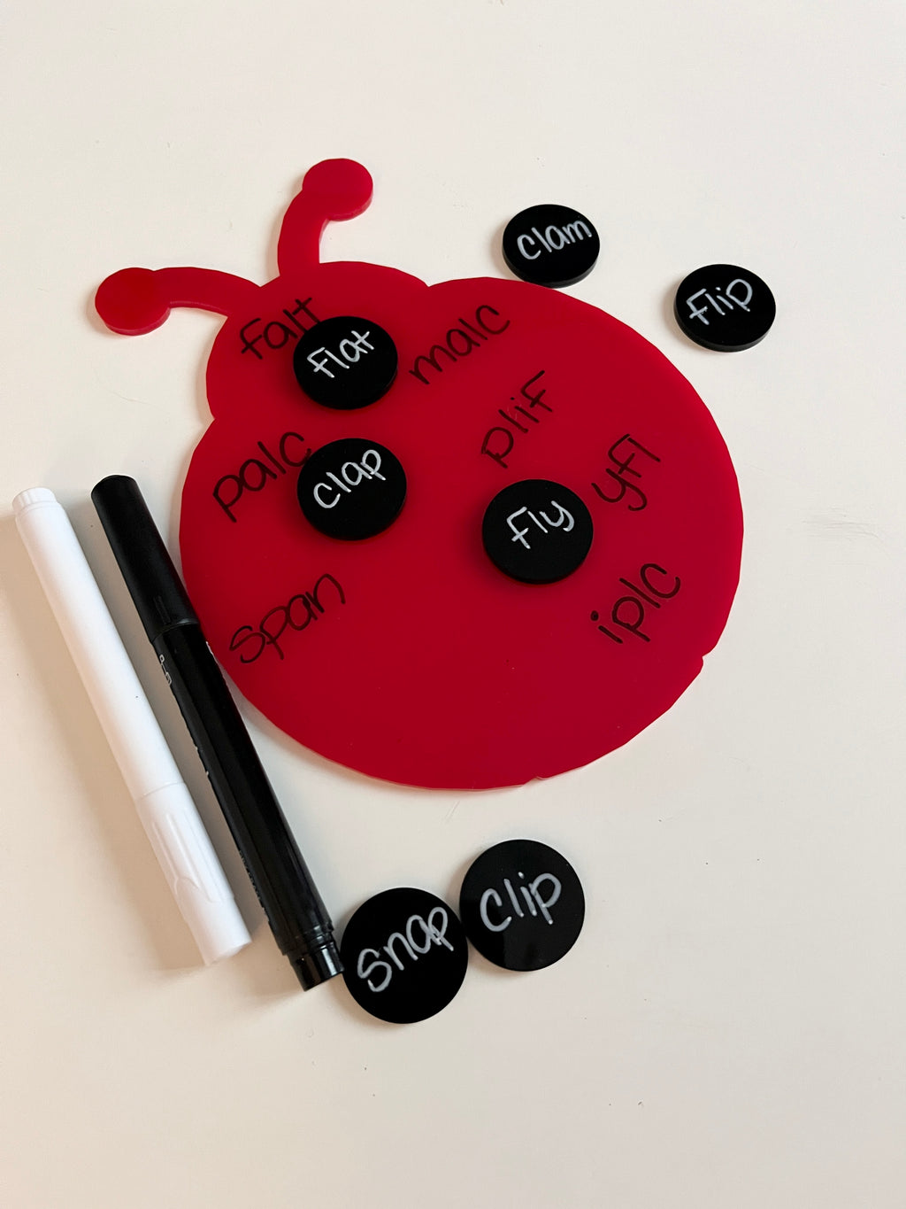 Little Dry Erasables - Ladybug with Dots featuring a red ladybug board with handwritten words, black circular word tokens, and white and black dry erase markers, handcrafted homeschool education resources.