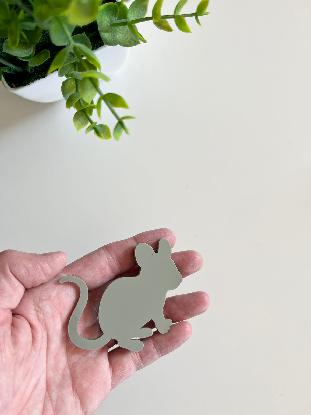 Hand holding a smooth light gray mouse-shaped cutout with green leaves from a potted plant above