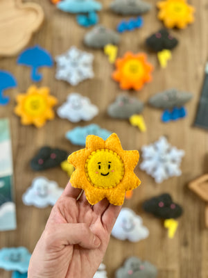Hand holding a smiling orange felt sun with other colorful felt weather shapes including clouds, snowflakes, and lightning in the background, Felt Weather Shapes, Made in Canada, handcrafted, homeschool, education resources.