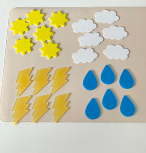 Yellow sun shapes, white cloud shapes, yellow lightning bolts, and blue raindrop shapes arranged on a beige mat