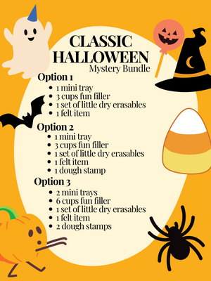 Illustrated Halloween-themed flyer with ghost, spider, pumpkin, bat, witch hat, and candy corn on orange background