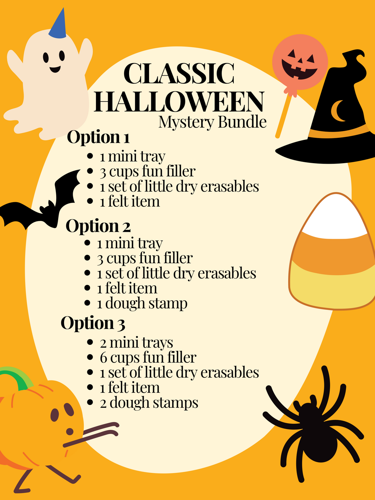 Illustrated Halloween-themed flyer with ghost, spider, pumpkin, bat, witch hat, and candy corn on orange background