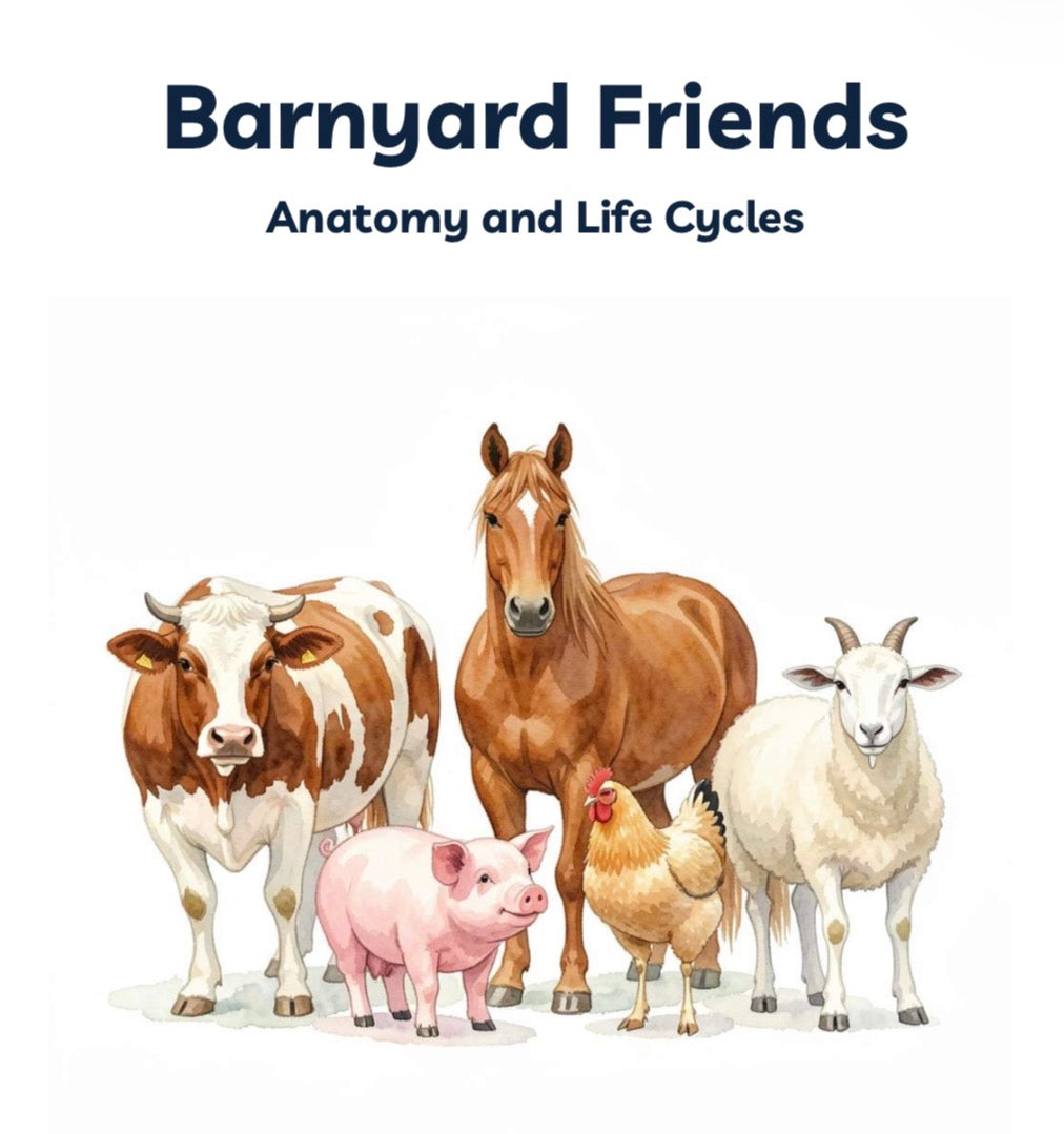 Digital Download | Farm Animals: Anatomy & Life Cycles Unit Study featuring charming illustrated farm animals including a cow, horse, pig, chicken, and goat, handcrafted homeschool education resources.