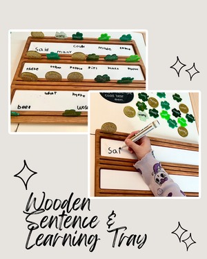 Wooden Sentence & Learning Tray | Open Ended Literacy Board | Math & Play featuring handcrafted wood trays with dry-erase panels, magnetic word stones, and a child practicing writing, unique homeschool education resources.