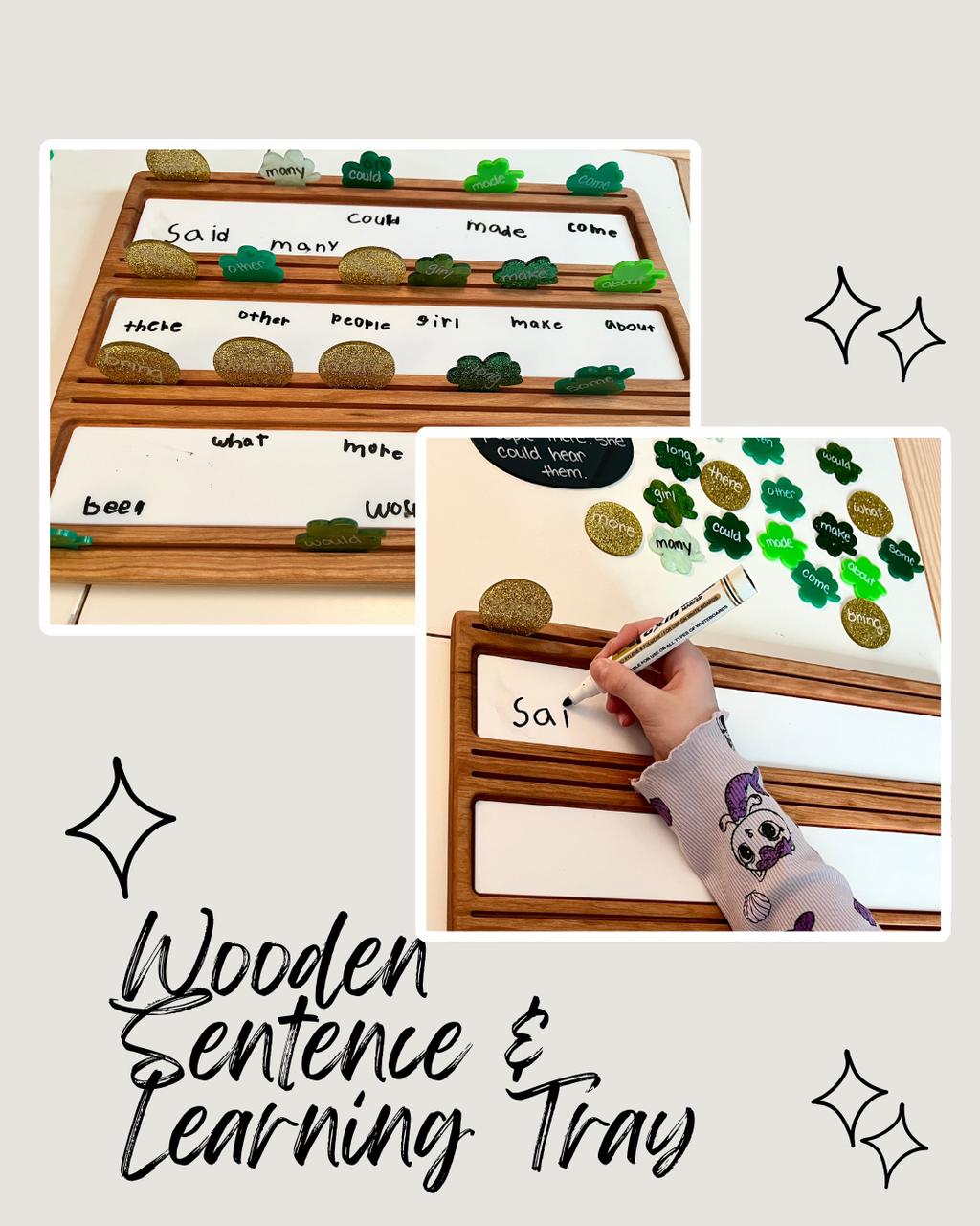 Wooden Sentence & Learning Tray | Open Ended Literacy Board | Math & Play featuring handcrafted wood trays with dry-erase panels, magnetic word stones, and a child practicing writing, unique homeschool education resources.