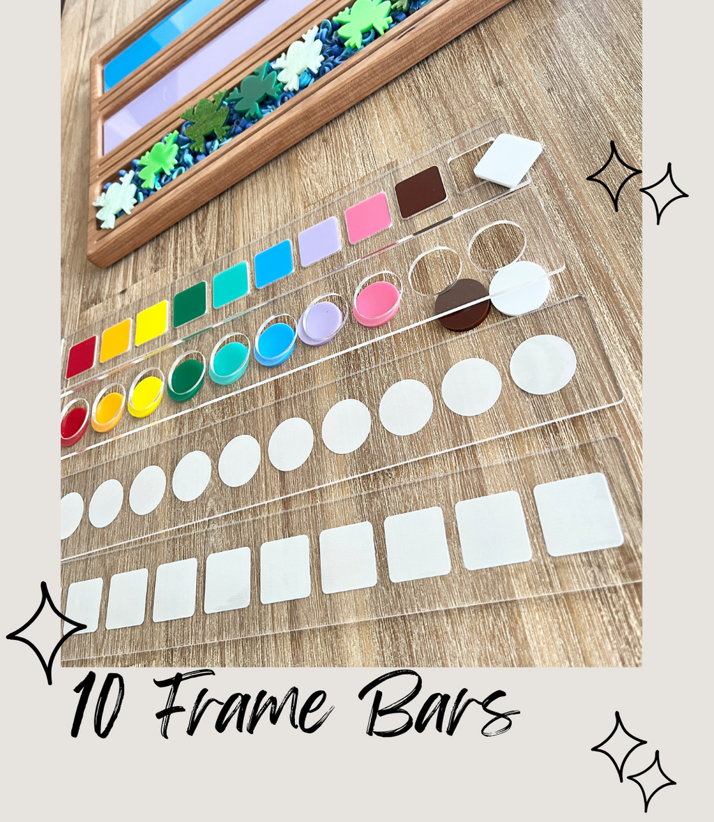 Set of colorful reusable 10 Frame Dry Erase Bars; Fit into our Wooden Sentence & Literacy Board, crafted from clear plastic with vibrant color swatches, handcrafted, homeschool education resources.