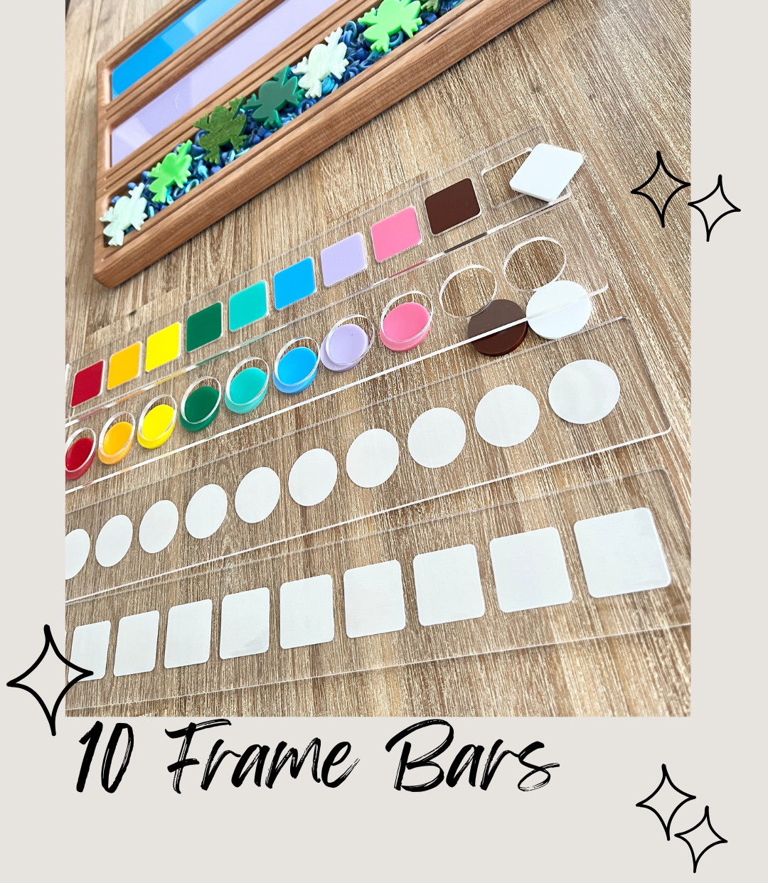 Set of colorful reusable 10 Frame Dry Erase Bars; Fit into our Wooden Sentence & Literacy Board, crafted from clear plastic with vibrant color swatches, handcrafted, homeschool education resources.