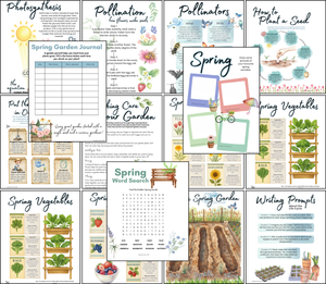 Collection of colorful printable homeschool education resources featuring plant life cycles, pollination, gardening journals, vegetable guides, word search, and creative writing prompts as Digital Download | Spring Gardening Complete Unit Study.
