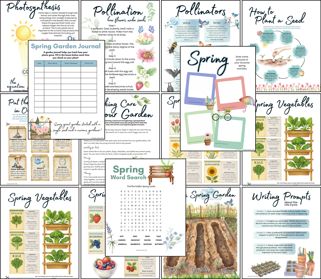 Collection of colorful printable homeschool education resources featuring plant life cycles, pollination, gardening journals, vegetable guides, word search, and creative writing prompts as Digital Download | Spring Gardening Complete Unit Study.